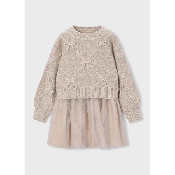 MAYORAL DRESS KNITTED WITH BOWS SOFT BROWN