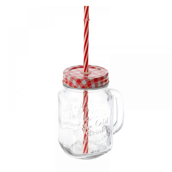  GLASS JAR RED WITH LID AND HANDLE 10x13 cm 400ml