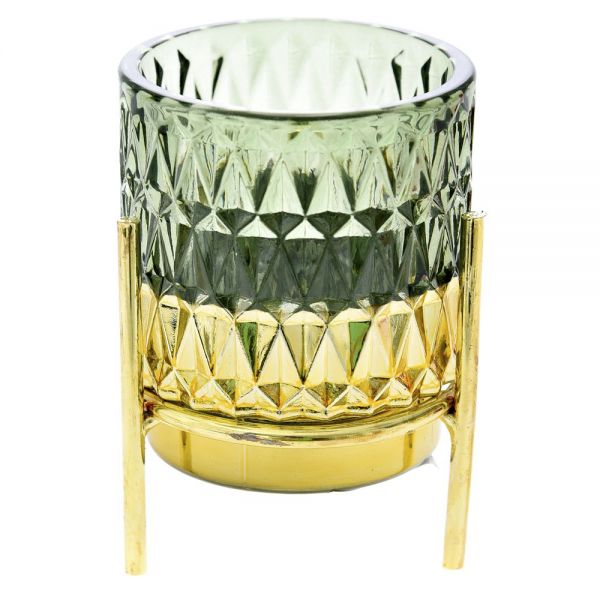 GREEN GLASS CANDLE HOLDER IN GOLD METAL BASE 7X10 cm