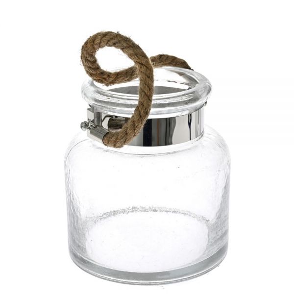 CLEAR GLASS CANDLE LANTERN WITH HEMP ROPE 18X20 cm