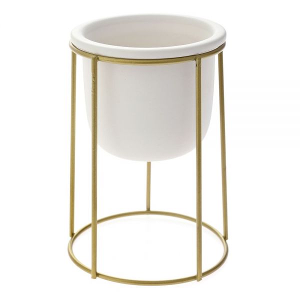 WHITE CERAMIC PLANTER WITH GOLD METAL STAND 10,5X10,5X14,5 cm
