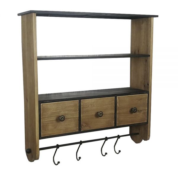WOOD AND METAL WALL HANGER WITH 3 DRAWERS AND SHELVES 54X15X56 CM