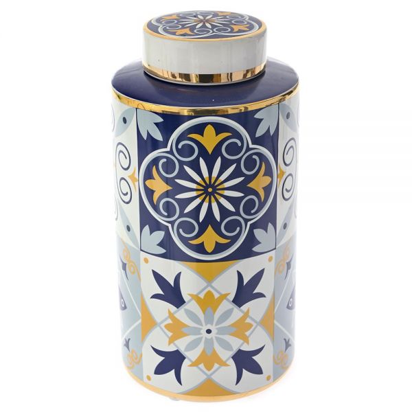 CERAMIC VASE WITH LID D 15X30 CM WITH BLUE AND GOLD DESIGNS