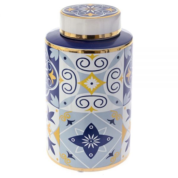 CERAMIC VASE WITH LID D 15X25 CM WITH BLUE AND GOLD DESIGNS