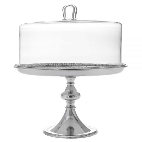  SILVER JEWELLED ALUMINUM CAKE STAND WITH GLASS DOME D 25X30 CM