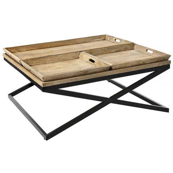  WOODEN TABLE WITH TRAY 120x120x55 CM WITH METALLIC LEGS