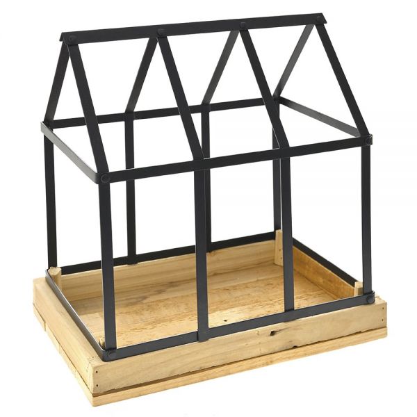  BLACK METAL HOUSE STAND ON WOODEN TRAY 30X20X34 CM