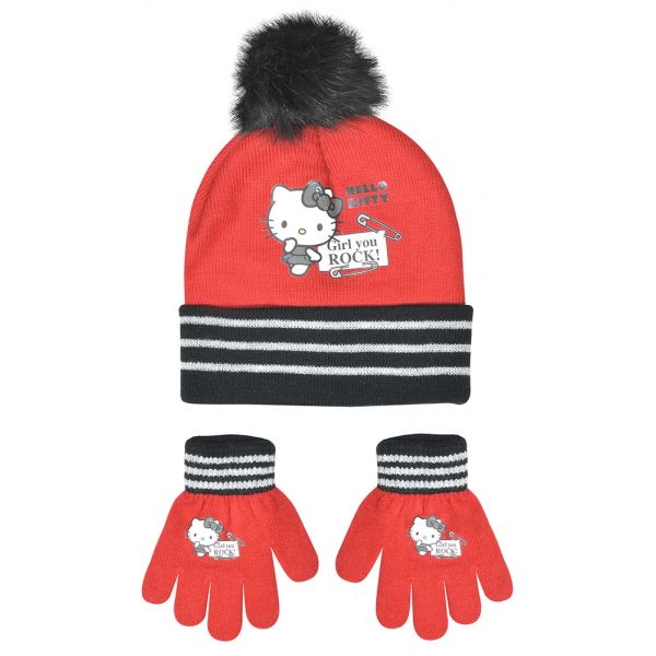 SET 2 pcs BEANIE AND GLOVES HELLO KITTY GIRL YOU ROCK