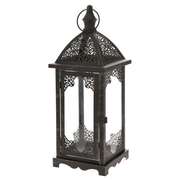 BLACK WITH COPPER BRUSH METAL LANTERN 16X16X42 CM WITH LACE PATTERN