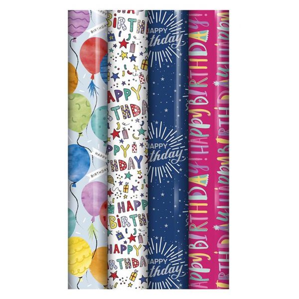 WRAPPING PAPER 0.70X2.5M HAPPY BIRTHDAY - 4 DESIGNS