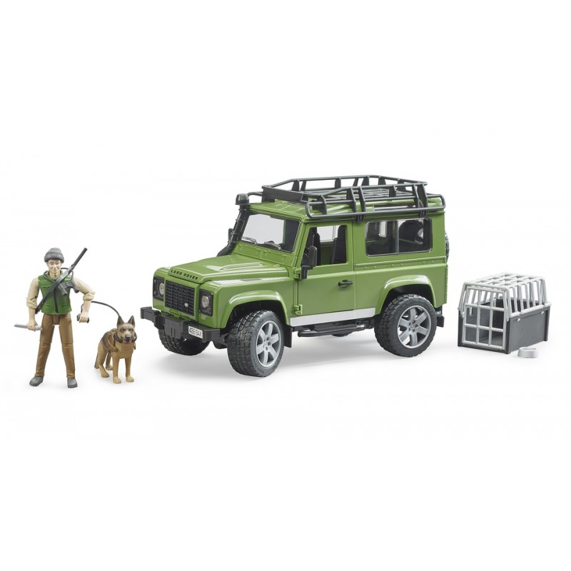 BRUDER LAND ROVER WITH HUNTER, DOG AND EQUIPMENT