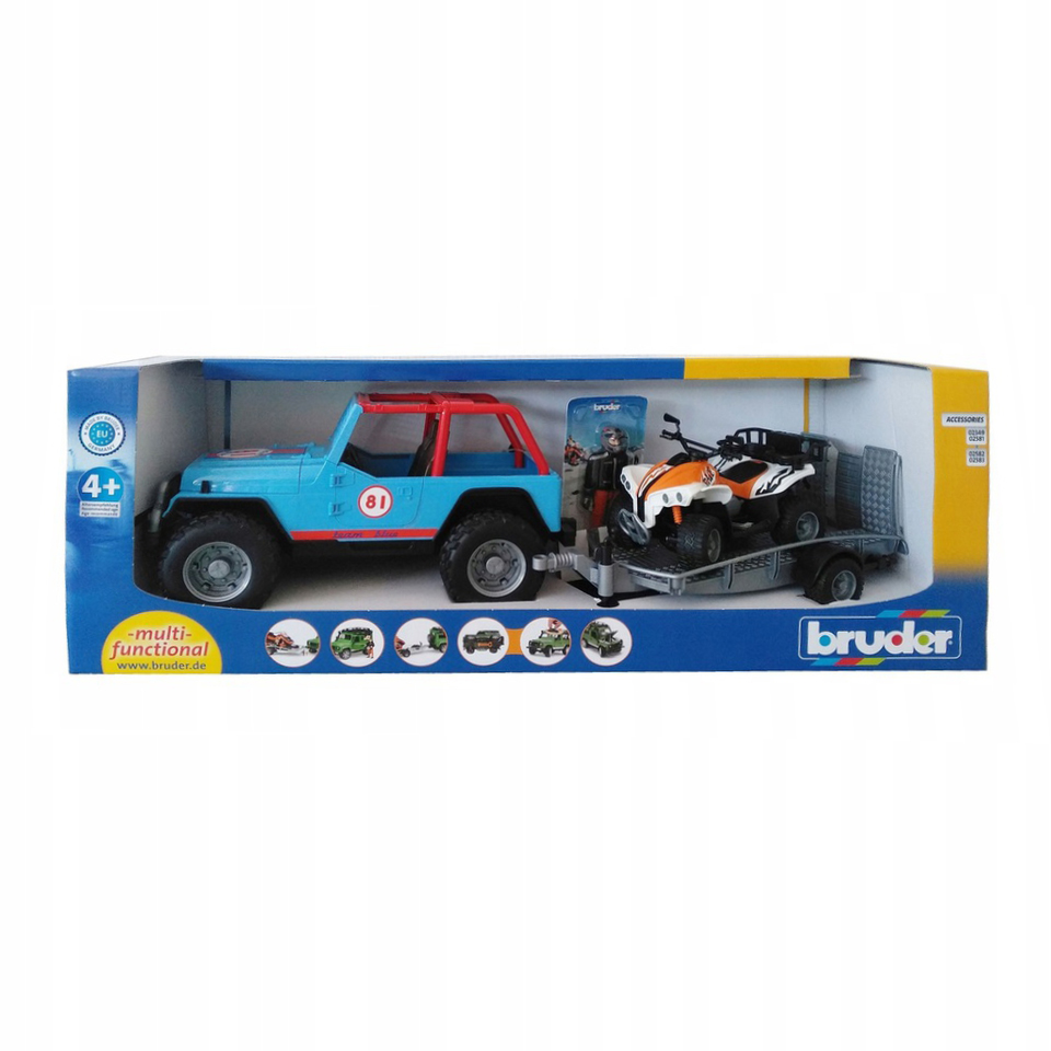 BRUDER BLUE CAR JEEP WITH DRIVER AND QUAD WITH RIDER