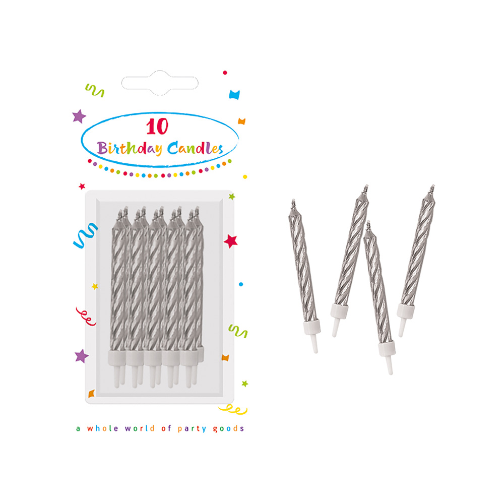 10pcs SPIRAL CANDLES WITH BASES SILVER