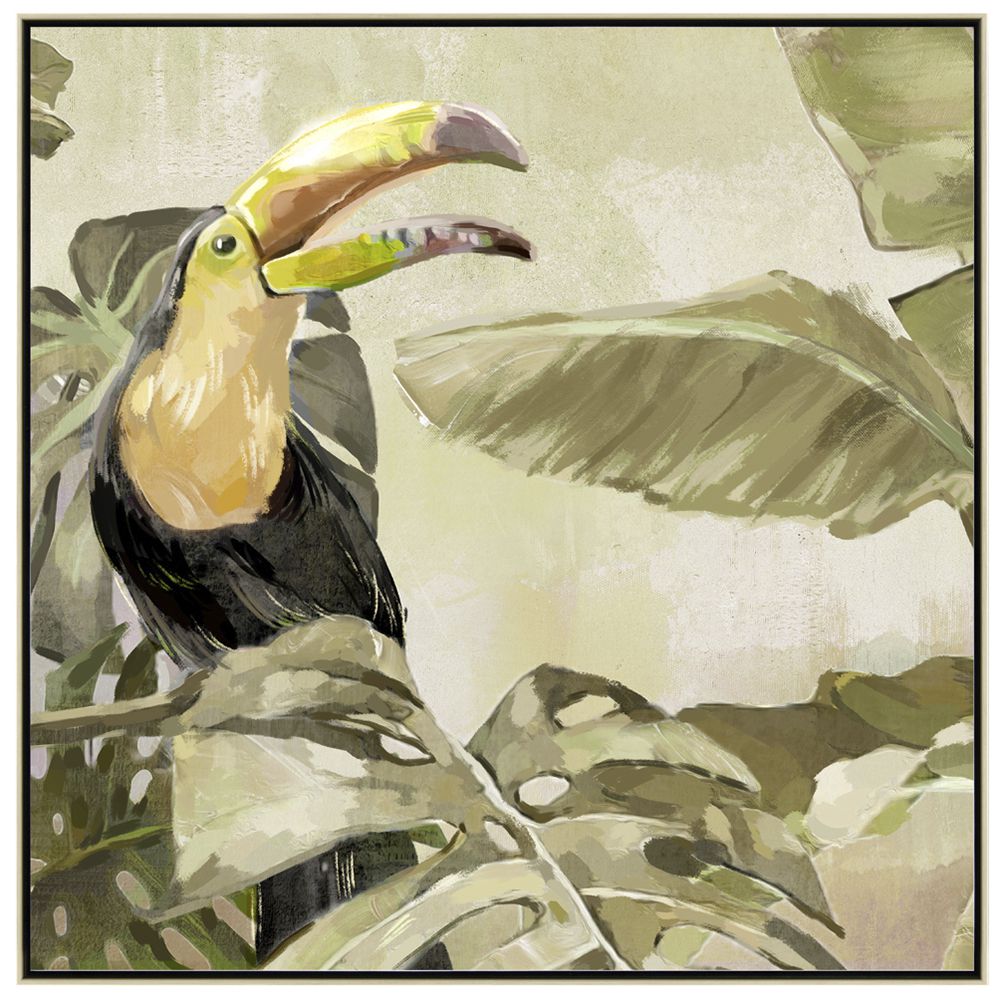 OIL PAINTING ON TOP OF PRINTED CANVAS WITH FRAME 62x62 CM TUCAN IN THE JUNGLE