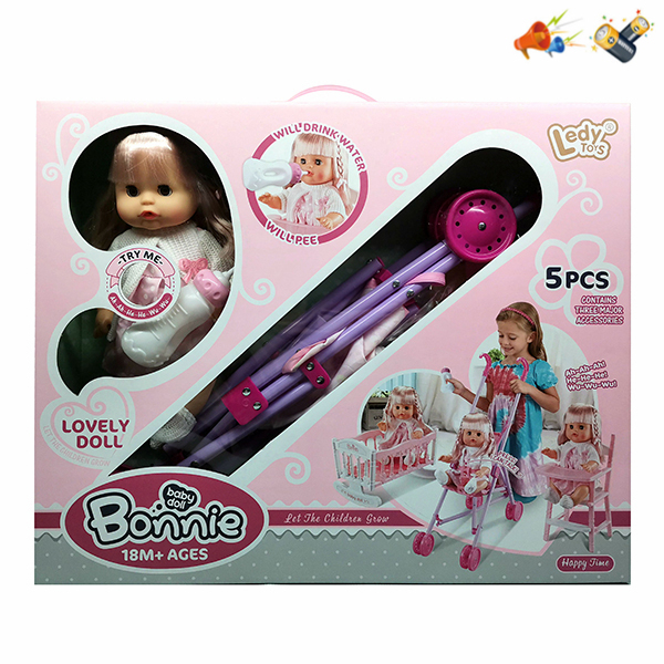 DOLL 30 cm. WITH FUNCTIONS AND STROLLER