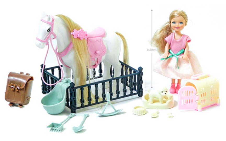 12cm. DOLL WITH WHITE HORSE, ACCESSORIES AND SOUNDS