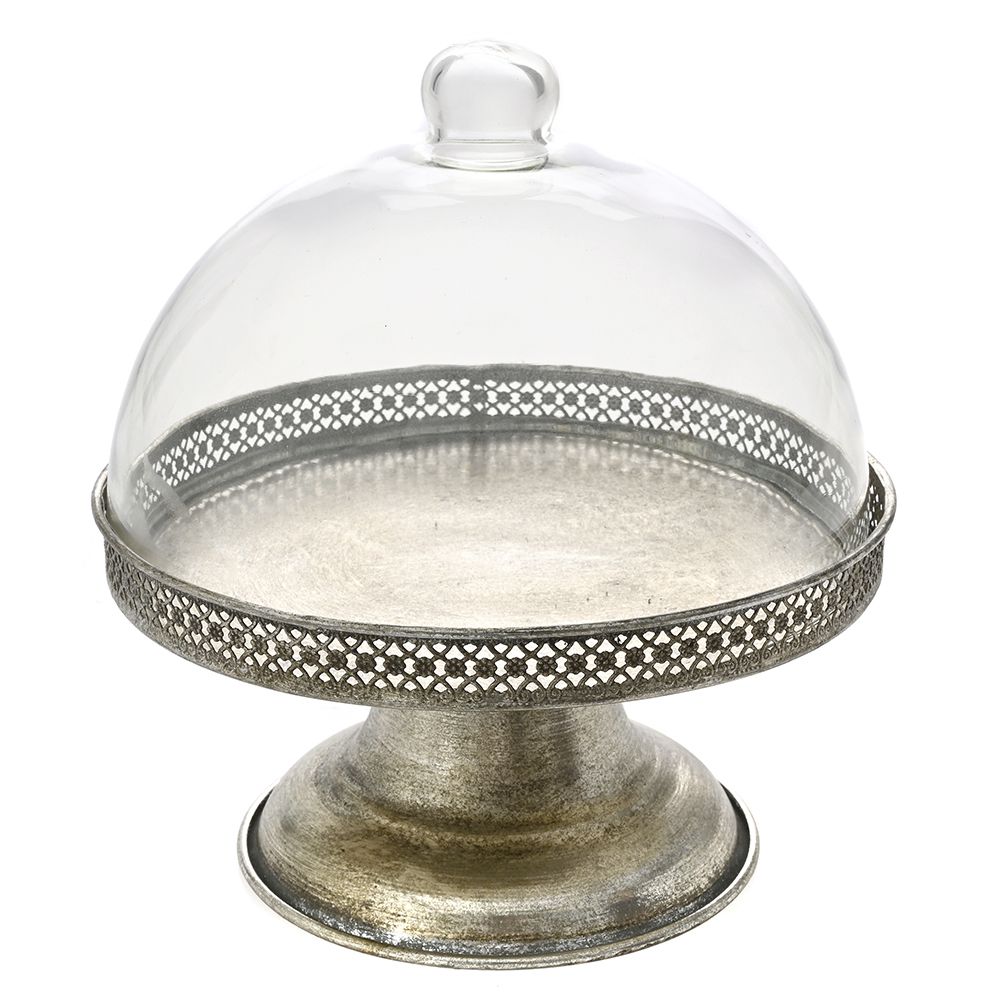 ANTIQUE SILVER METAL CAKE STAND WITH GLASS DOME 21x21x22.5 CM