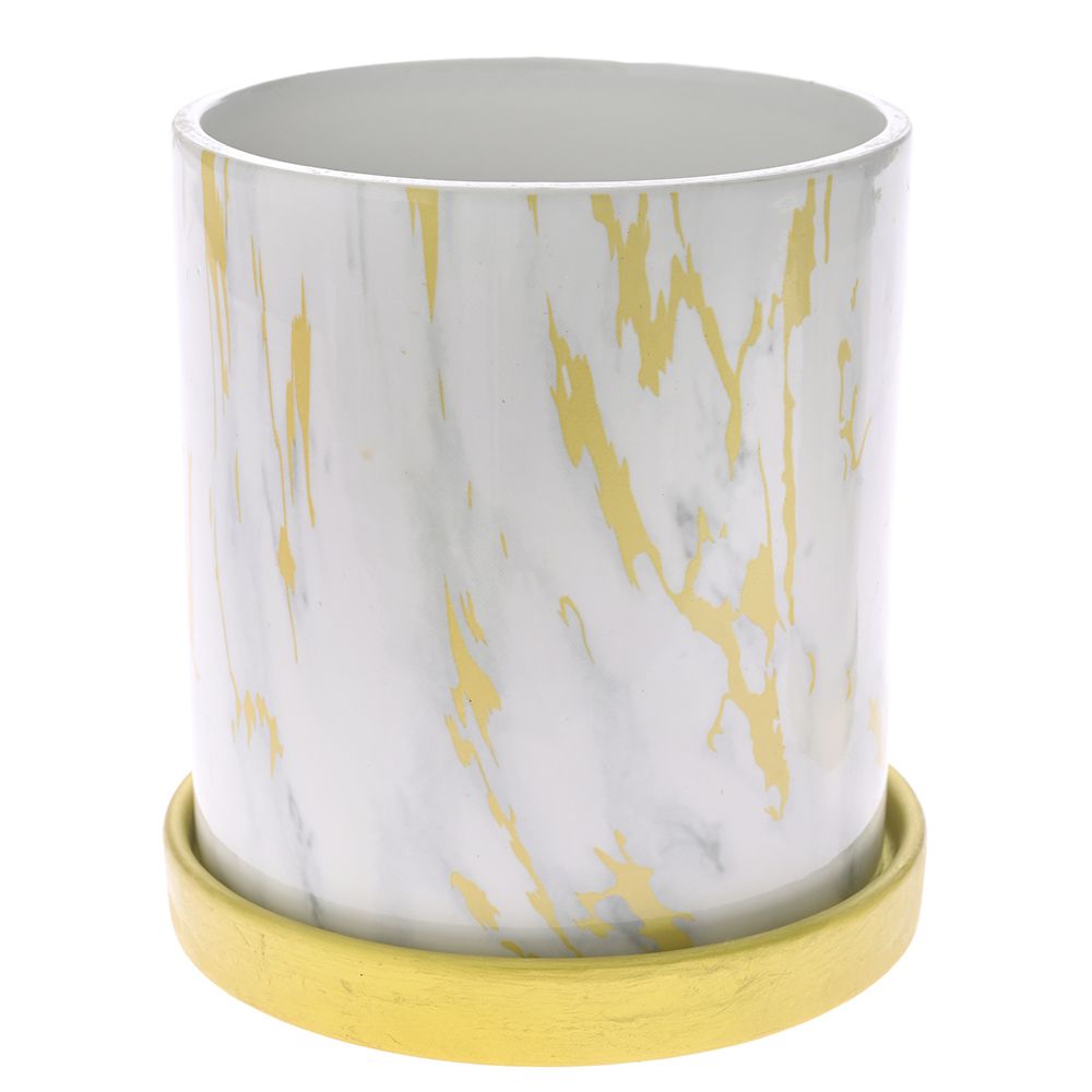  MARBLEIZED WHITE AND GOLD CERAMIC PLANTER WITH SAUCER 13,8X13,8X14,5 CM