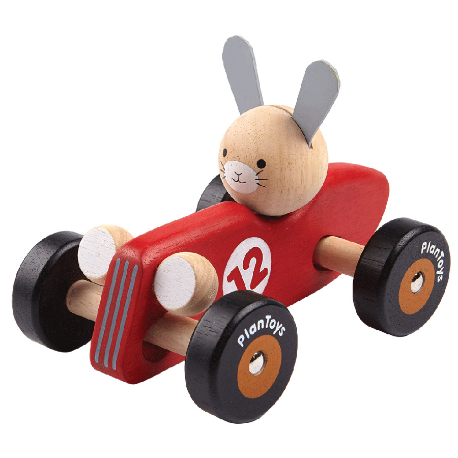 PLAN TOYS WOODEN RACE CAR WITH bunny